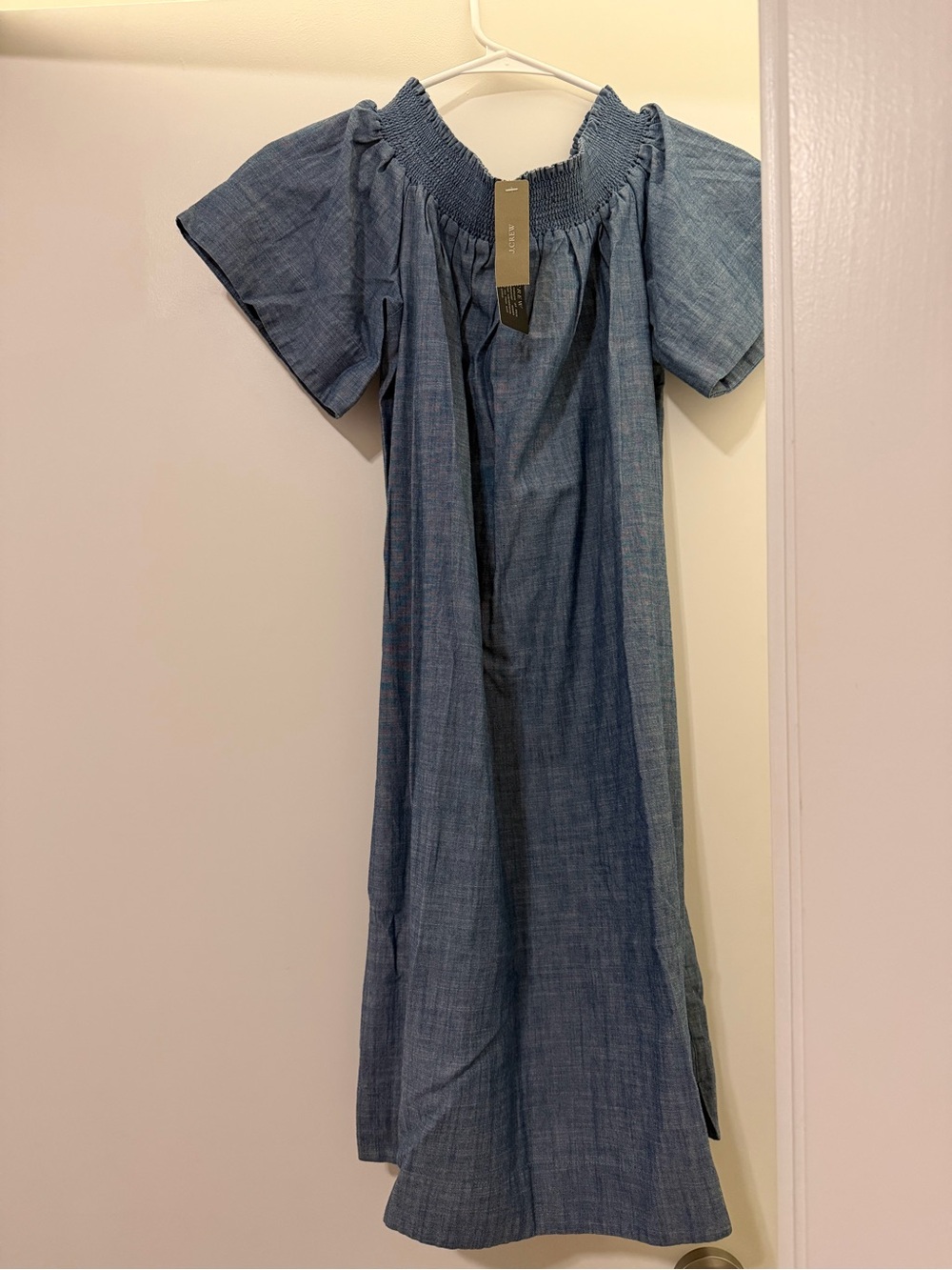 NewJ.Crew Smocked Off-the-Shoulder Chambray Dress - Blue, size 6